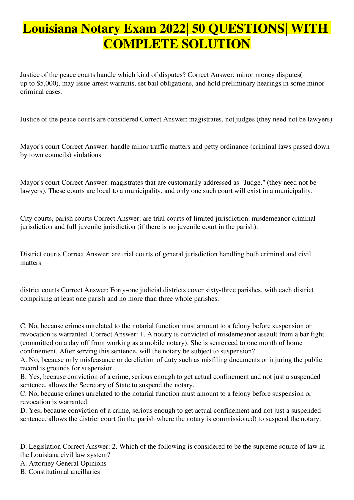 Louisiana Notary Exam 2022 50 QUESTIONS WITH COMPLETE SOLUTION